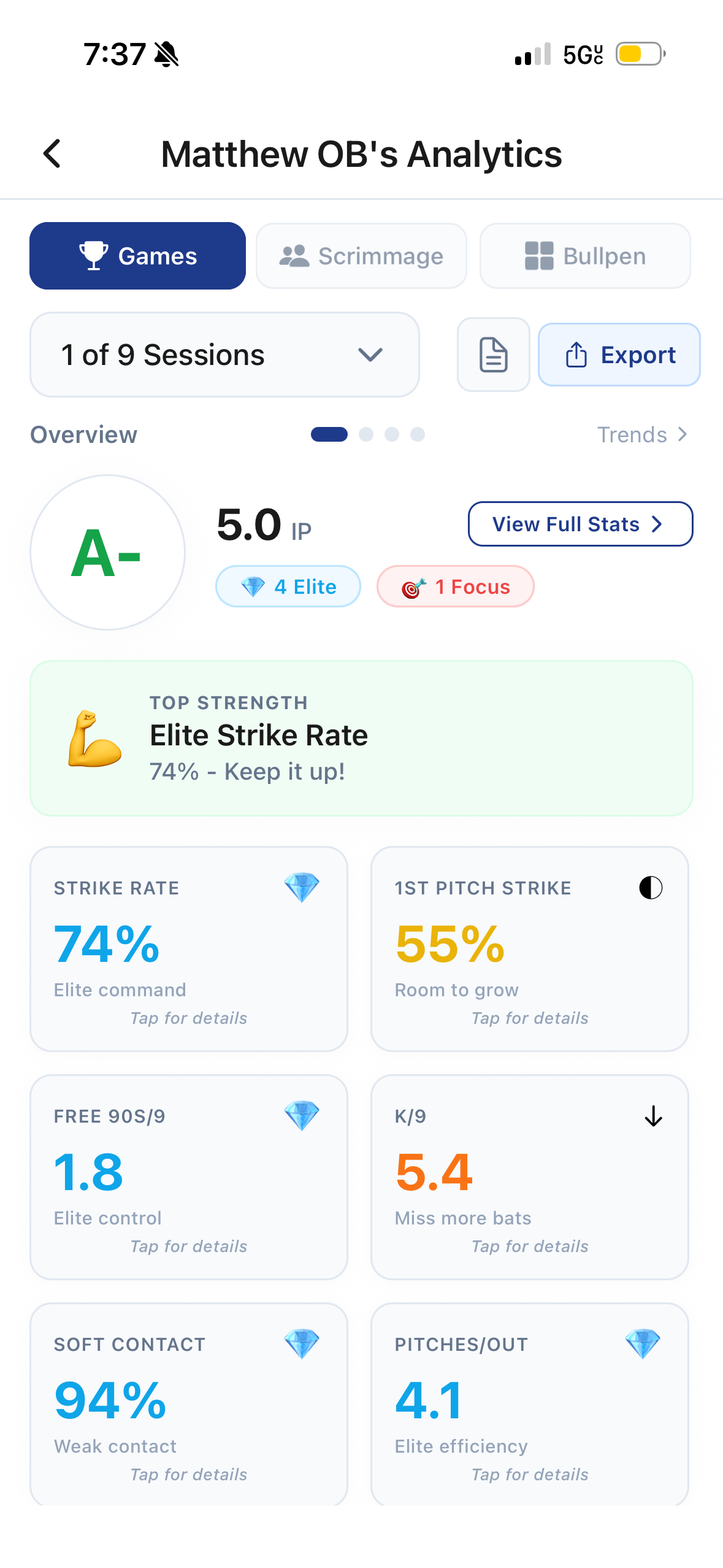 NextPitch mobile pitcher analytics report